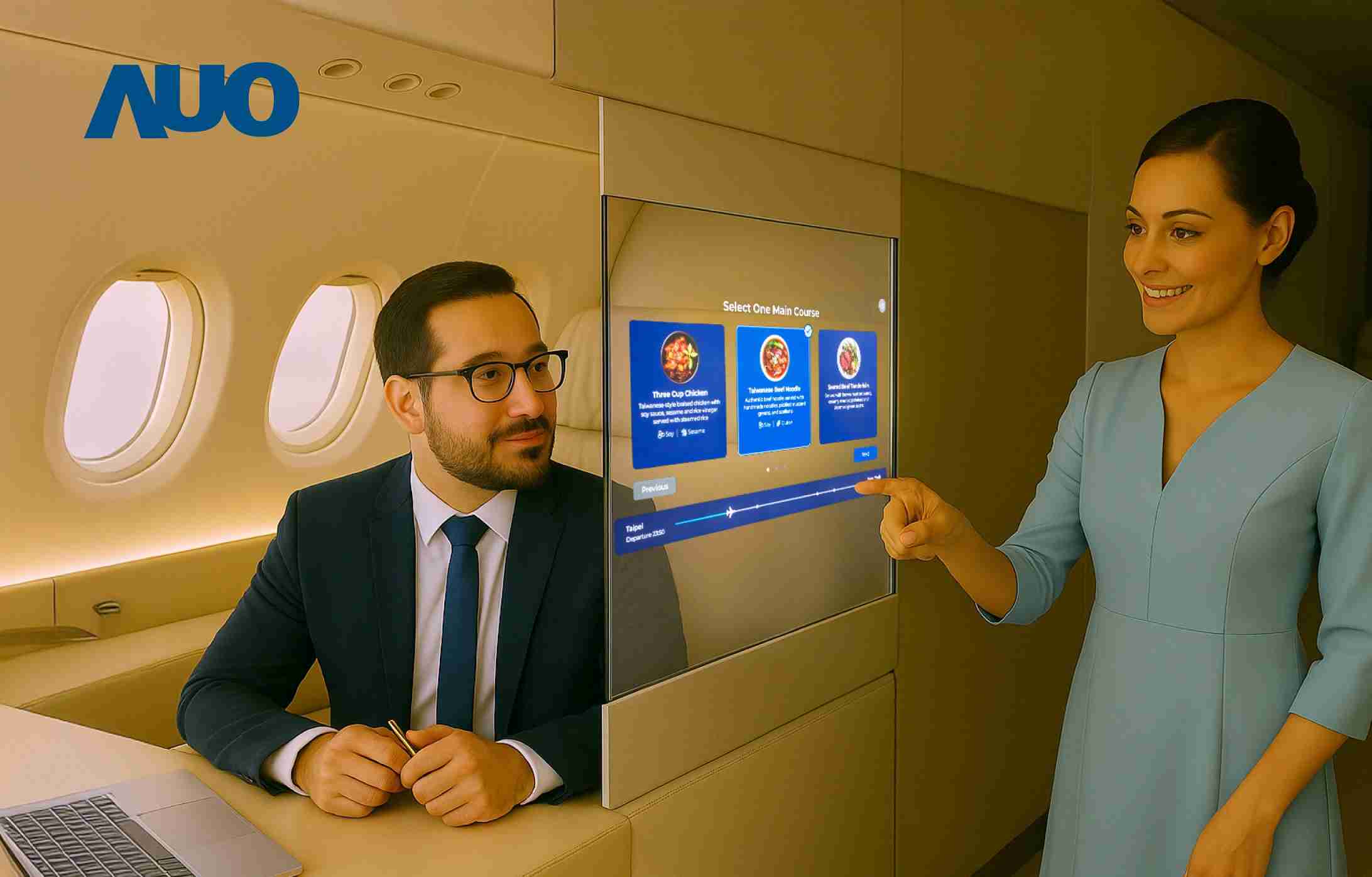 z6mg·人生就是博研发全球最薄17.3 吋双面透明 Micro LED 显示器，，，，可在同一屏幕之双边投射不同信息，，，创造独特的”透明化”互动；图为实时翻译交流应用情境